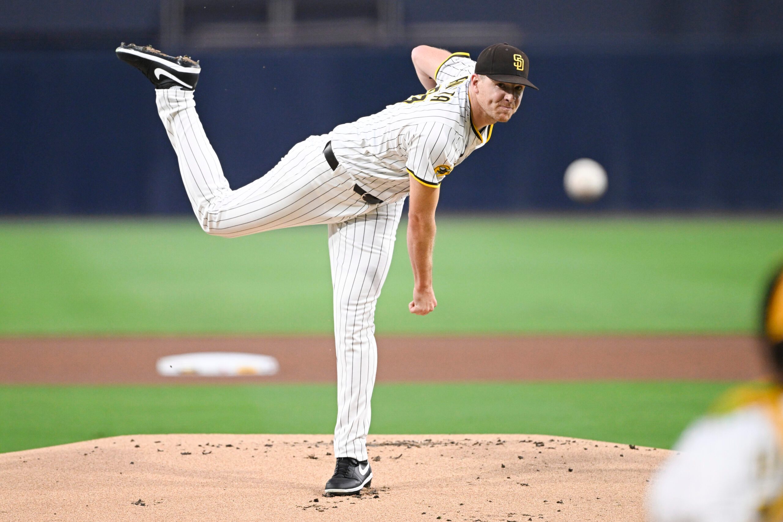 Sep 22, 2025; San Diego, California, USA; San Diego Padres starting pitcher Nick Pivetta (27) delivers during the first inning against the Milwaukee Brewers at Petco Park. Mandatory Credit: Denis Poroy-Imagn Images
