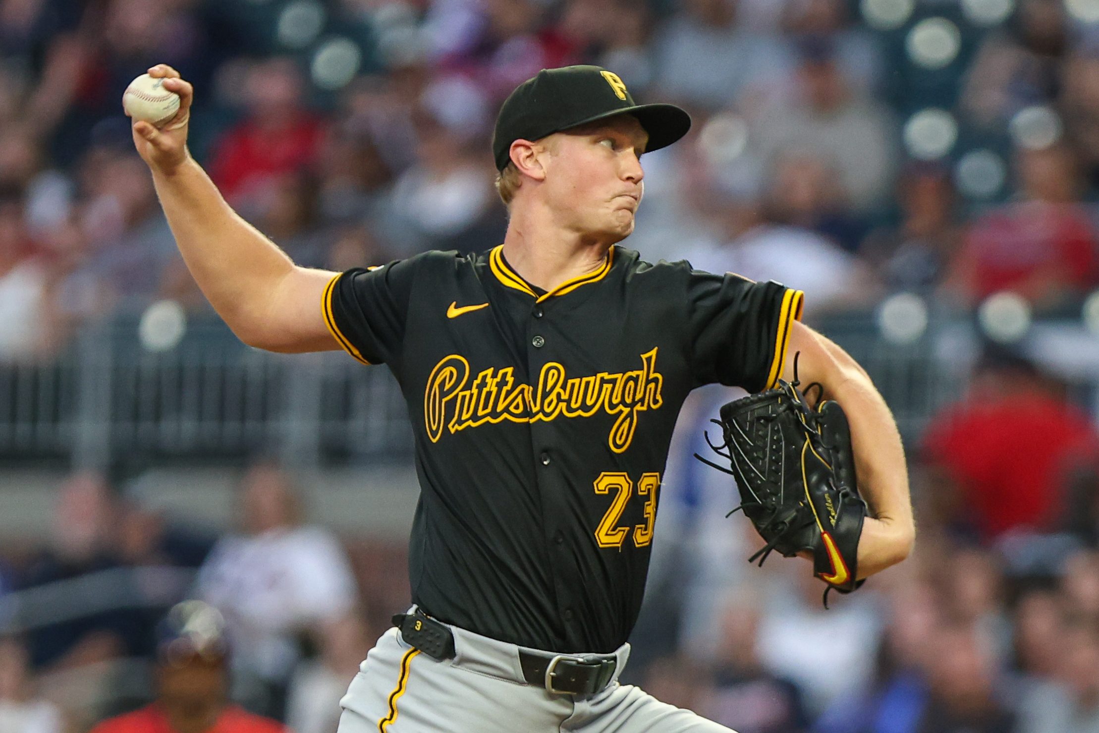 Sep 26, 2025; Cumberland, Georgia, USA; Pittsburgh Pirates pitcher Mitch Keller (23) pitches the ball against the Atlanta Braves during the first inning at Truist Park. Mandatory Credit: Jordan Godfree-Imagn Images