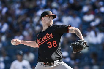Sep 28, 2025; Bronx, New York, USA; Baltimore Orioles pitcher Kyle Bradish (38) pitches against the New York Yankees during the first inning at Yankee Stadium. Mandatory Credit: John Jones-Imagn Images