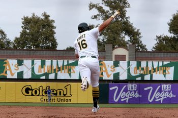 Sep 28, 2025; West Sacramento, California, USA; Athletics first baseman Nick Kurtz (16) reacts after hitting a two-run home run against the Kansas City Royals during the eighth inning at Sutter Health Park. Mandatory Credit: Dennis Lee-Imagn Images