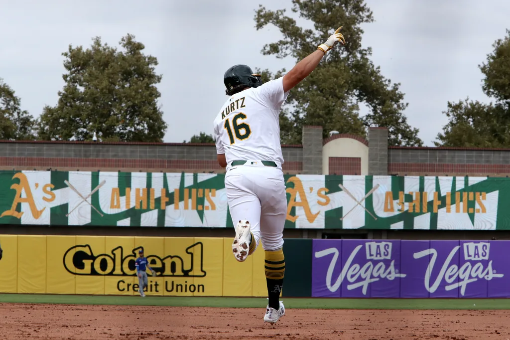 Sep 28, 2025; West Sacramento, California, USA; Athletics first baseman Nick Kurtz (16) reacts after hitting a two-run home run against the Kansas City Royals during the eighth inning at Sutter Health Park. Mandatory Credit: Dennis Lee-Imagn Images