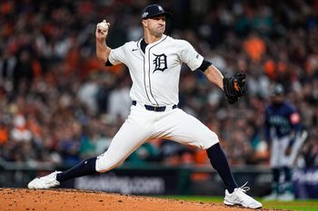 Detroit Tigers pitcher Jack Flaherty (9) throws against Seattle Mariners during the second inning during ALDS Game 3 at Comerica Park in Detroit on Tuesday, Oct. 7, 2025.
