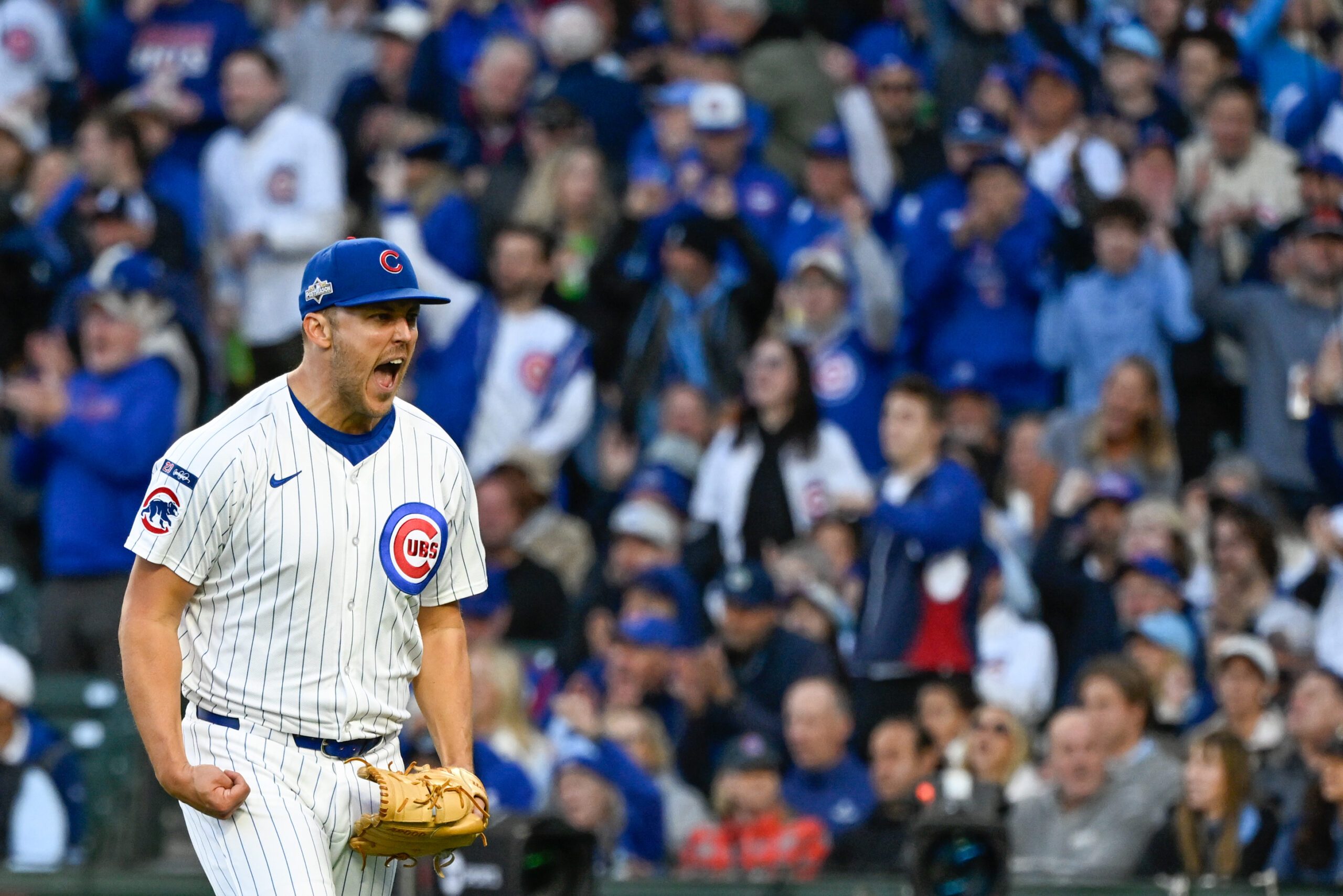 Oct 8, 2025; Chicago, Illinois, USA; Chicago Cubs pitcher Jameson Taillon (50) reacts after throwing against the Milwaukee Brewers in the fourth inning during game three of the NLDS round for the 2025 MLB playoffs at Wrigley Field. Mandatory Credit: Matt Marton-Imagn Images