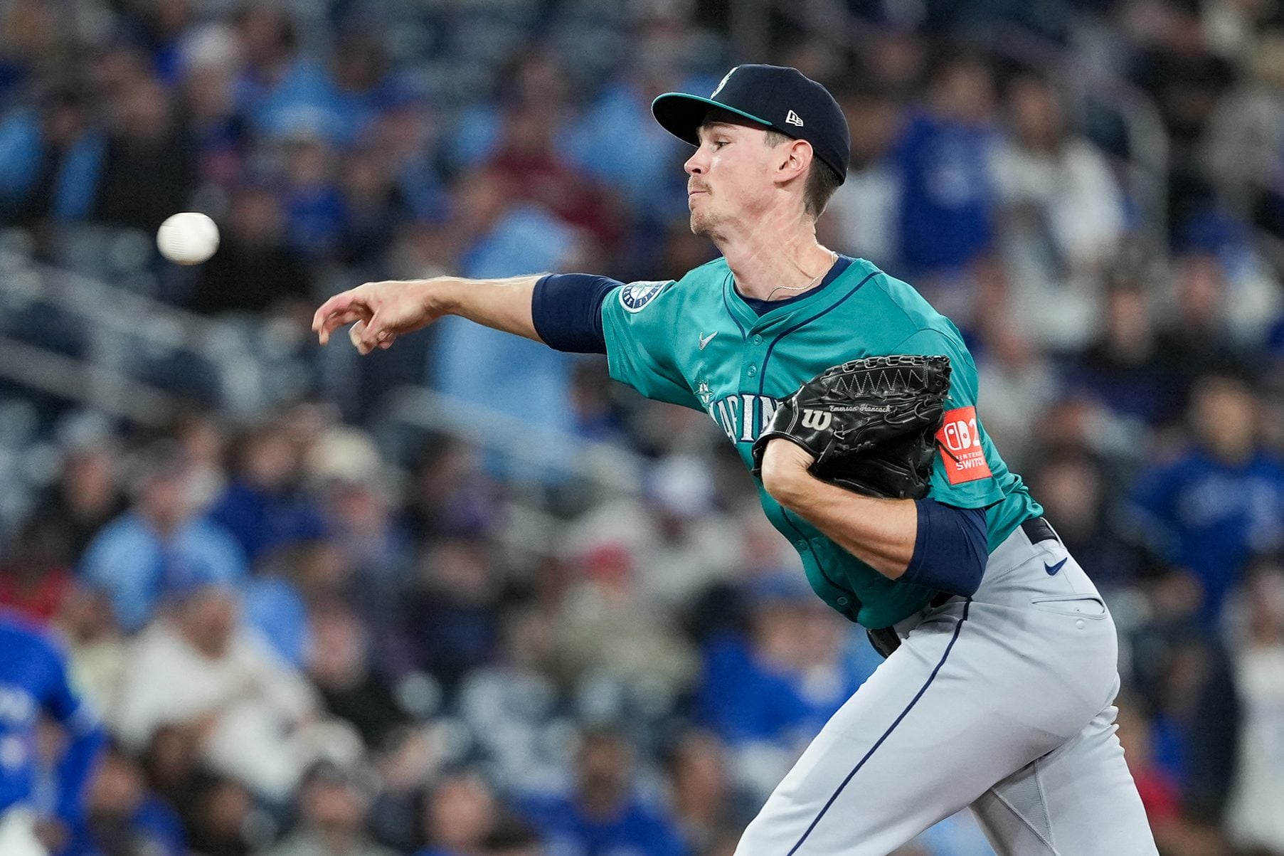Oct 13, 2025; Toronto, Ontario, CAN; Seattle Mariners pitcher Emerson Hancock (26) delivers a pitch in the ninth inning against the Toronto Blue Jays during game two of the ALCS round for the 2025 MLB playoffs at Rogers Centre. Mandatory Credit: Nick Turchiaro-Imagn Images