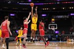 Nov 14, 2025; Inglewood, California, USA;  Southern California Trojans guard Rodney Rice (1) shoots a jump shot during the first half of the Hall of Fame Series game against the Illinois State Redbirds at Intuit Dome. Mandatory Credit: Kiyoshi Mio-Imagn Images