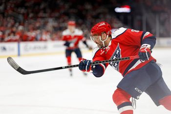 Dec 7, 2025; Washington, District of Columbia, USA; Washington Capitals left wing Alex Ovechkin (8) shoots the puck against the Columbus Blue Jackets during the third period at Capital One Arena. Mandatory Credit: Geoff Burke-Imagn Images