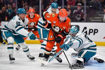 Dec 29, 2025; Anaheim, California, USA; San Jose Sharks goaltender Yaroslav Askarov (30) defends the goal against Anaheim Ducks center Mason McTavish (23) during the second period at Honda Center. Mandatory Credit: Gary A. Vasquez-Imagn Images