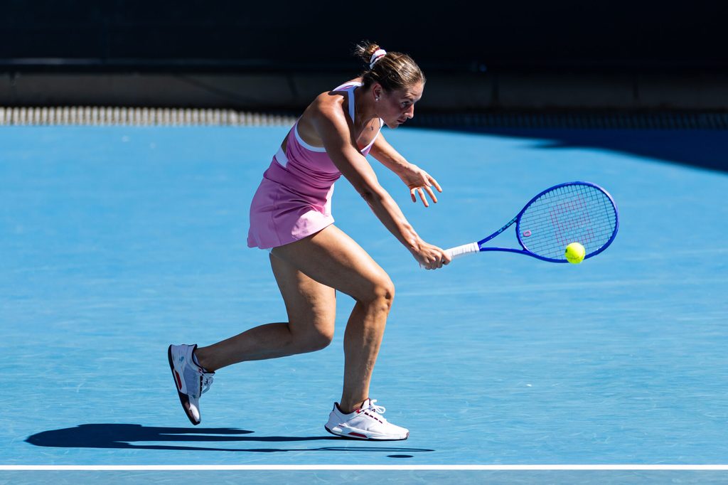 Jan 18, 2026; Melbourne, Victoria, Australia; Marta Kostyuk of Ukraine in action against Elsa Jacquemot of France in the first round of the women’s singles at the Australian Open at ANZ Arena in Melbourne Park. Mandatory Credit: Mike Frey-Imagn Images