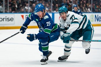 Jan 27, 2026; Vancouver, British Columbia, CAN; San Jose Sharks forward Michael Misa (77) battles with Vancouver Canucks defenseman Elias Pettersson (25) in the third period at Rogers Arena. Mandatory Credit: Bob Frid-Imagn Images