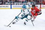 Feb 2, 2026; Chicago, Illinois, USA; San Jose Sharks left wing William Eklund (72) and Chicago Blackhawks center Teuvo Teravainen (86) during the third period at United Center. Mandatory Credit: Talia Sprague-Imagn Images