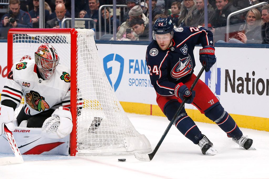 Feb 4, 2026; Columbus, Ohio, USA; Columbus Blue Jackets center Mathieu Olivier (24) carries the puck against the Chicago Blackhawks during the second period at Nationwide Arena. Mandatory Credit: Russell LaBounty-Imagn Images