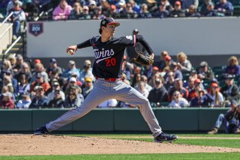 Feb 23, 2026; Lakeland, Florida, USA; Minnesota Twins pitcher Mick Abel (20) pitches during the third inning against the Detroit Tigers at Publix Field at Joker Marchant Stadium. Mandatory Credit: Mike Watters-Imagn Images