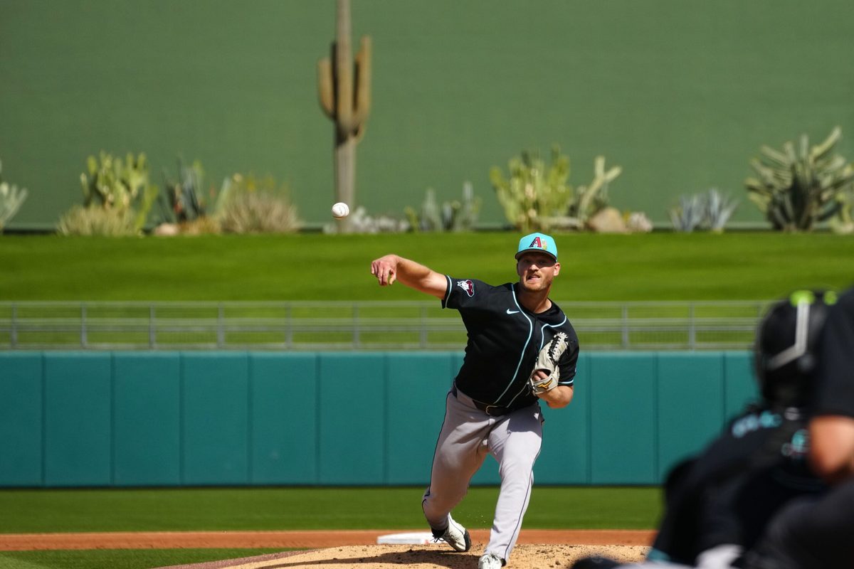Diamondbacks pitcher Michael Soroka (34) pitches against the Rangers during a spring training game in Surprise on Feb. 24, 2026.