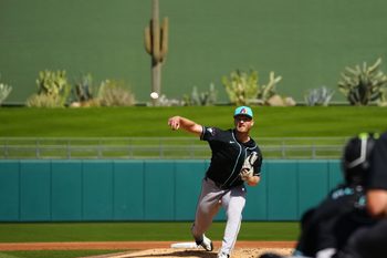 Diamondbacks pitcher Michael Soroka (34) pitches against the Rangers during a spring training game in Surprise on Feb. 24, 2026.