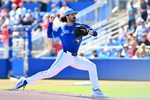 Feb 28, 2026; Dunedin, Florida, USA; Toronto Blue Jays starting  pitcher Dylan Cease (84) throws a pitch in the first inning against the Philadelphia Phillies during spring training at TD Ballpark. Mandatory Credit: Jonathan Dyer-Imagn Images