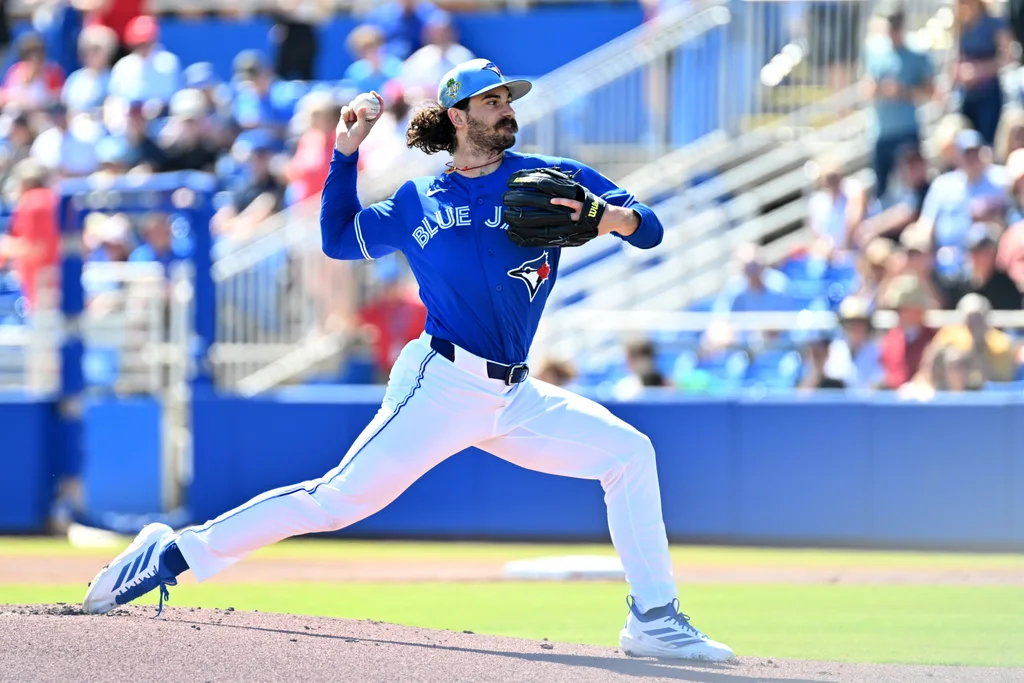 Feb 28, 2026; Dunedin, Florida, USA; Toronto Blue Jays starting pitcher Dylan Cease (84) throws a pitch in the first inning against the Philadelphia Phillies during spring training at TD Ballpark. Mandatory Credit: Jonathan Dyer-Imagn Images