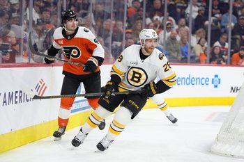 Feb 28, 2026; Philadelphia, Pennsylvania, USA; Boston Bruins center Elias Lindholm (28) in action against the Philadelphia Flyers in the second period at Xfinity Mobile Arena. Mandatory Credit: Kyle Ross-Imagn Images