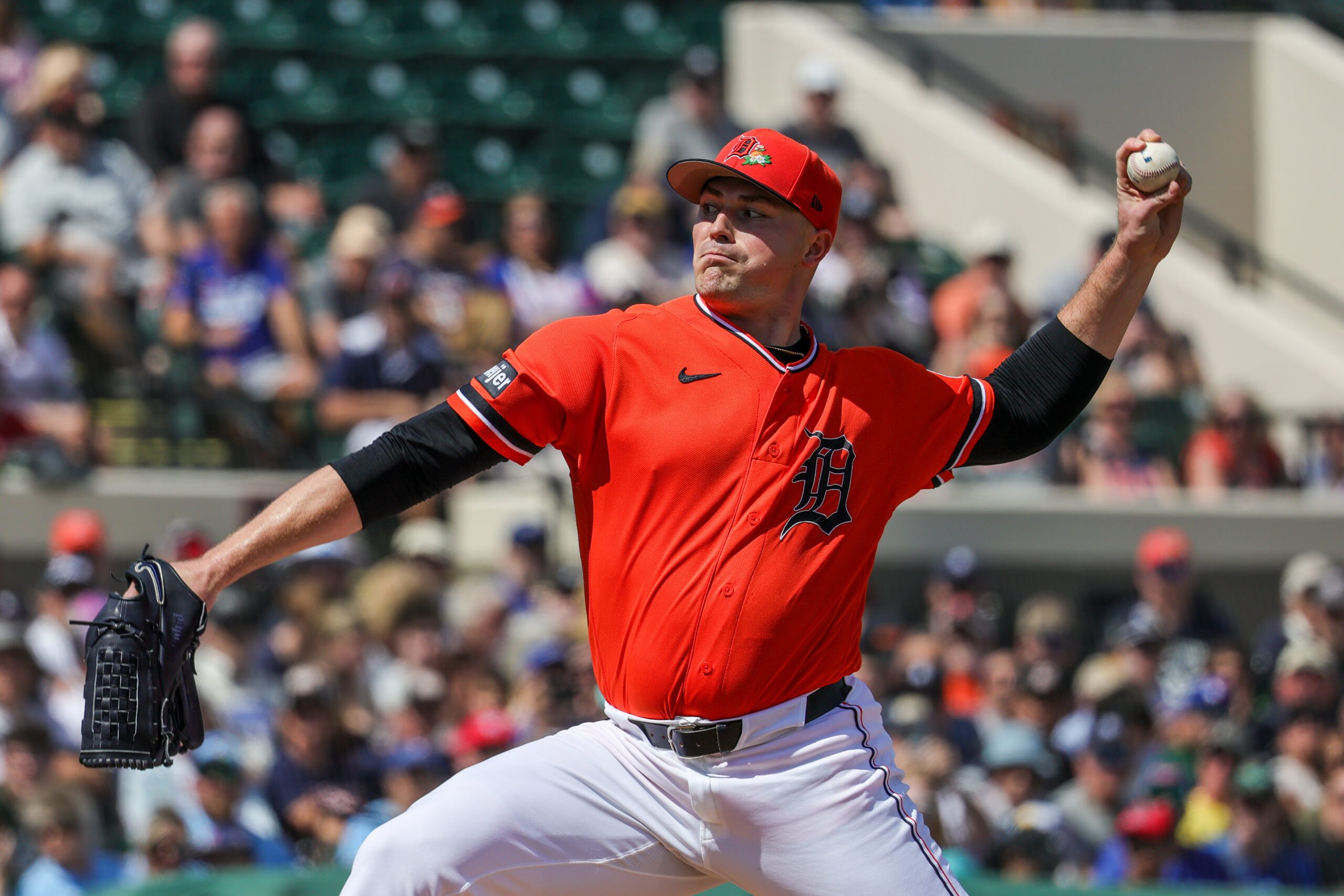 Mar 1, 2026; Lakeland, Florida, USA; Detroit Tigers pitcher Tarik Skubal (29) pitches during the first inning against the Toronto Blue Jays at Publix Field at Joker Marchant Stadium. Mandatory Credit: Mike Watters-Imagn Images