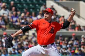 Mar 1, 2026; Lakeland, Florida, USA; Detroit Tigers pitcher Tarik Skubal (29) pitches during the first inning against the Toronto Blue Jays at Publix Field at Joker Marchant Stadium. Mandatory Credit: Mike Watters-Imagn Images
