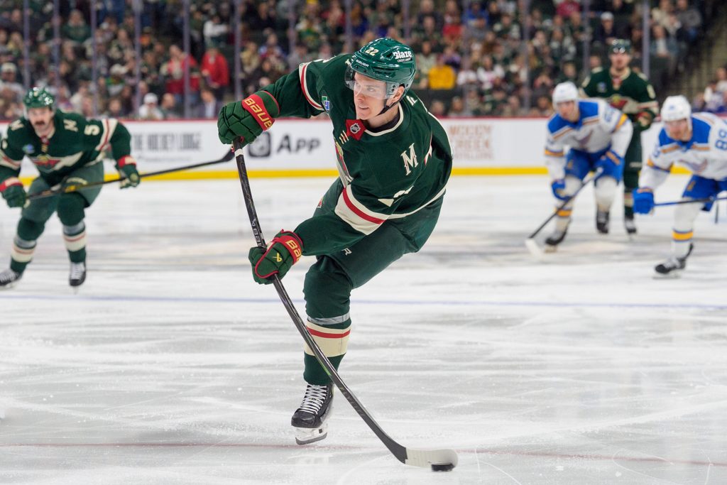 Mar 1, 2026; Saint Paul, Minnesota, USA; Minnesota Wild right wing Danila Yurov (22) shoots on the St. Louis Blues in the second period at Grand Casino Arena. Mandatory Credit: Matt Blewett-Imagn Images