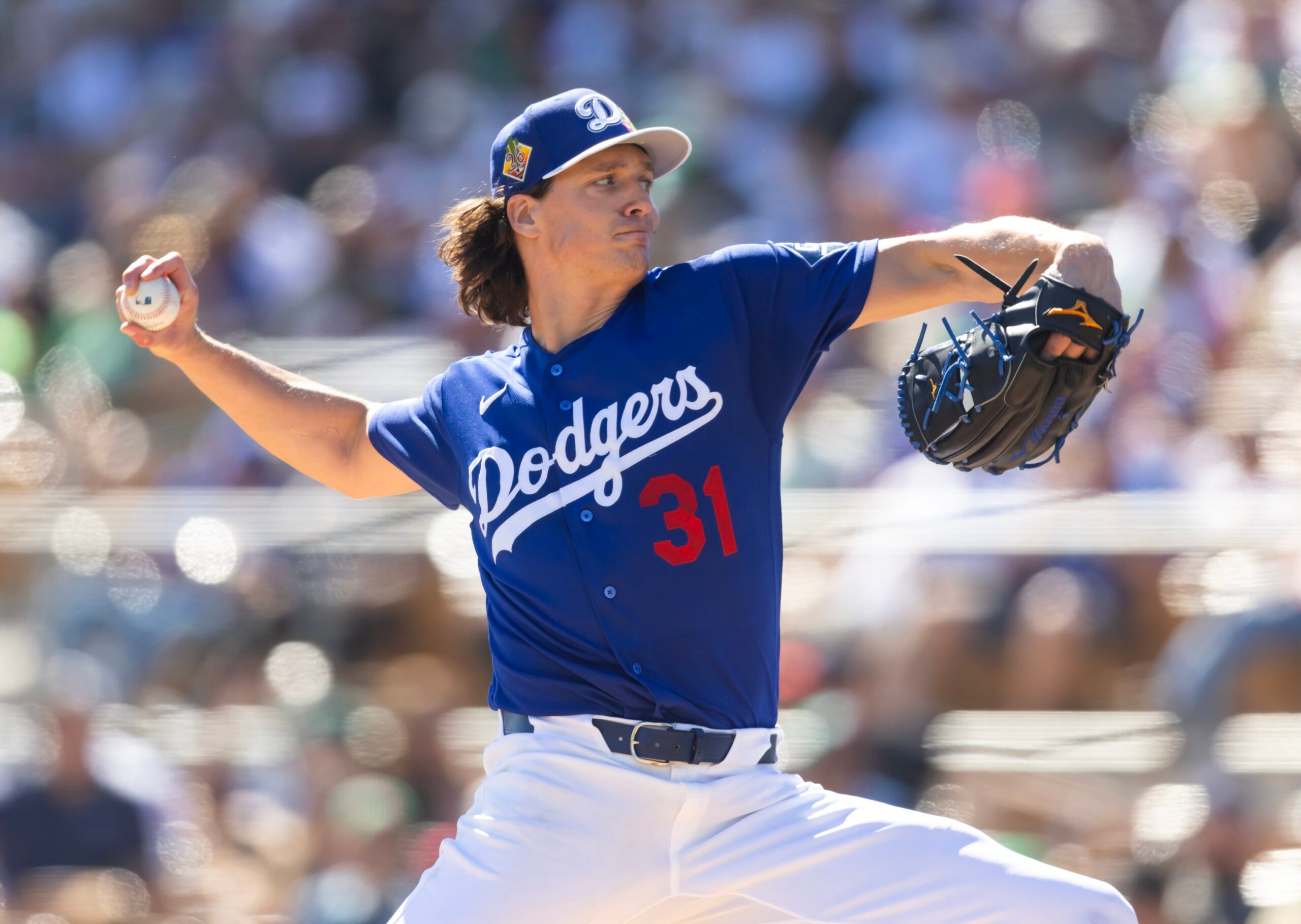 Mar 4, 2026; Glendale, AZ, USA; Los Angeles Dodgers pitcher Tyler Glasnow against Team Mexico during a spring training game at Camelback Ranch. Mandatory Credit: Mark J. Rebilas-Imagn Images
