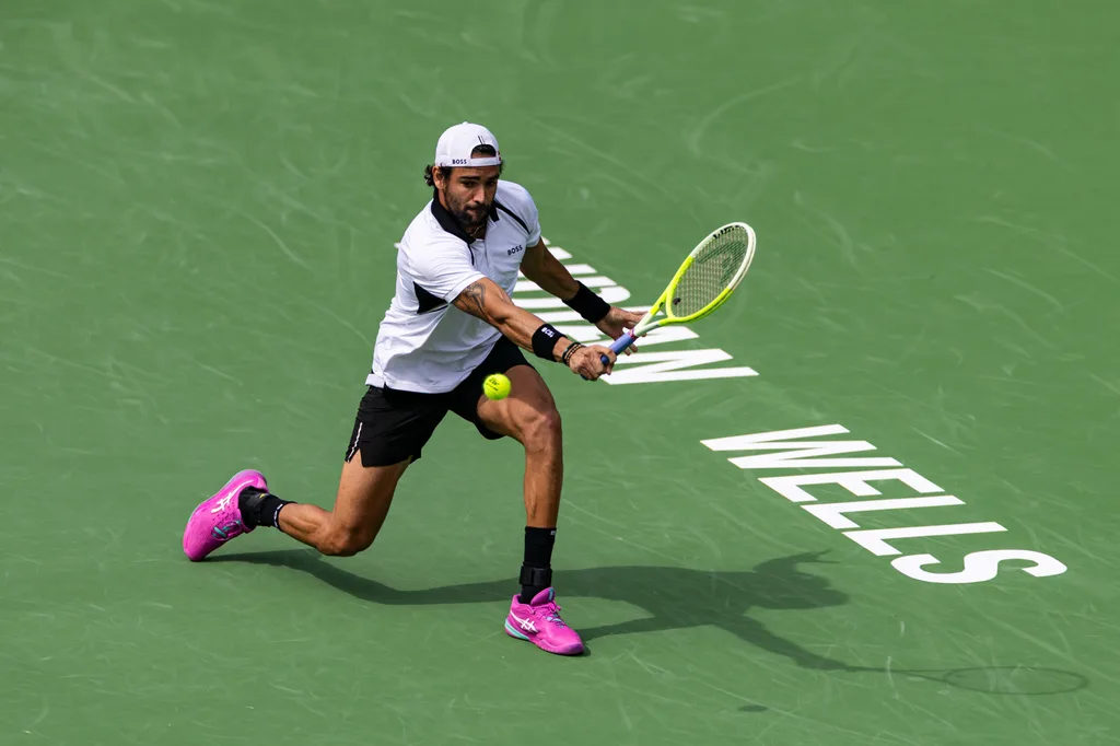 Mar 6, 2026; Indian Wells, CA, USA; Matteo Berrettini of Italy in action against Alexander Zverev of Germany in the second round of the BNP Paribas Open at the Indian Wells Tennis Garden. Mandatory Credit: Mike Frey-Imagn Images