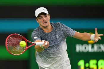 Mar 10, 2026; Indian Wells, CA, USA; Joao Fonseca (BRA) hits a shot during his the fourth round against Jannik Sinner (ITA) in the BNP Paribas Open at the Indian Wells Tennis Garden. Mandatory Credit: Jayne Kamin-Oncea-Imagn Images
