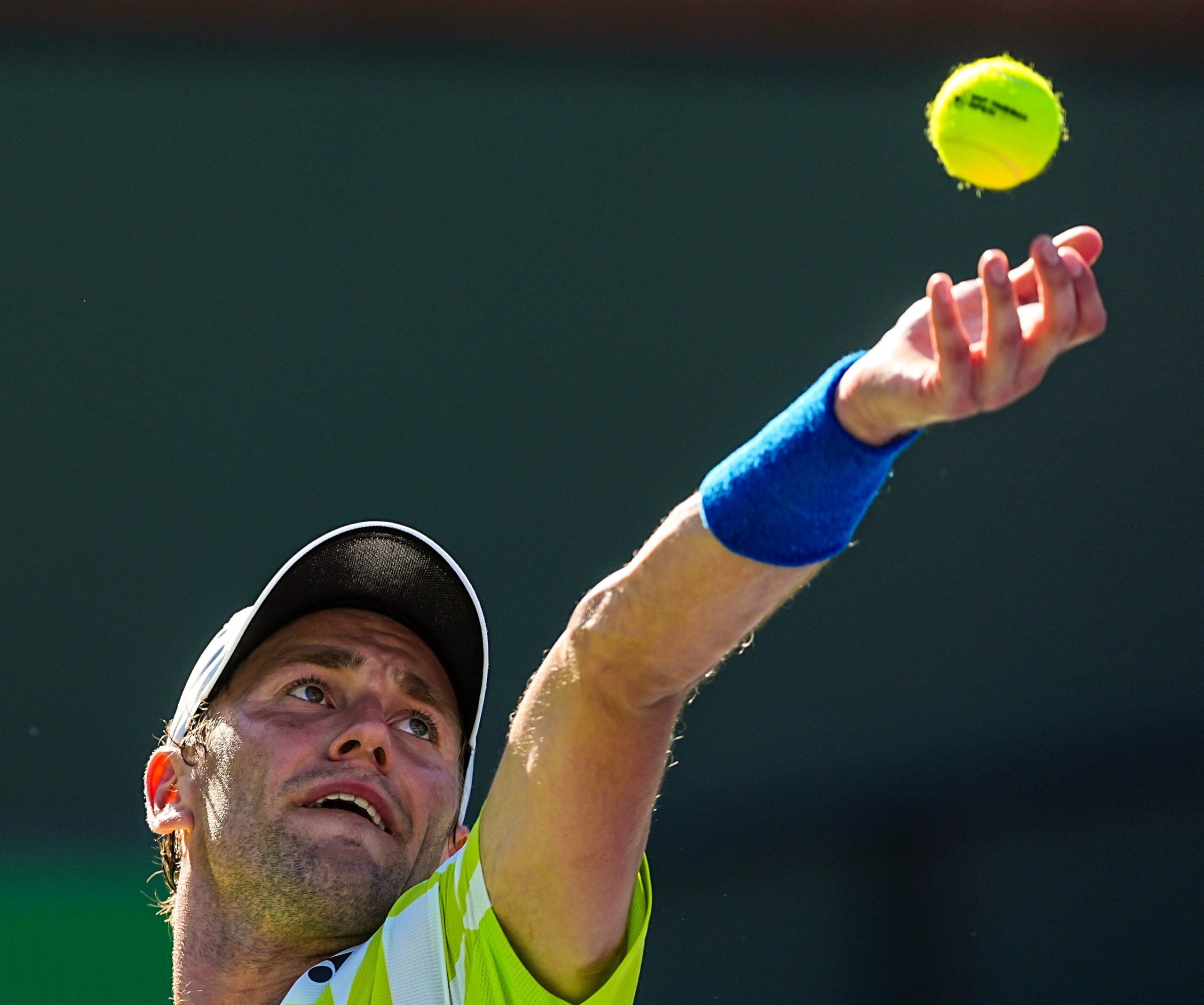 Casper Ruud readies a serve to Carlos Alcaraz during their fourth-round match at the BNP Paribas Open in Indian Wells, Calif., Wednesday, March 11, 2026.