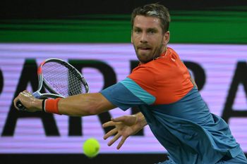 Mar 12, 2026; Indian Wells, CA, USA;  Cameron Norrie (GBR) hits a shot during his quarterfinal match Carlos Alcaraz (ESP) in the BNP Paribas Open at the Indian Wells Tennis Garden. Mandatory Credit: Jayne Kamin-Oncea-Imagn Images