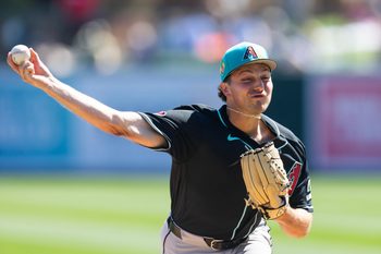 Mar 10, 2026; Phoenix, Arizona, USA; Arizona Diamondbacks pitcher Brandon Pfaadt against the Los Angeles Dodgers during a spring training game at Camelback Ranch-Glendale. Mandatory Credit: Mark J. Rebilas-Imagn Images