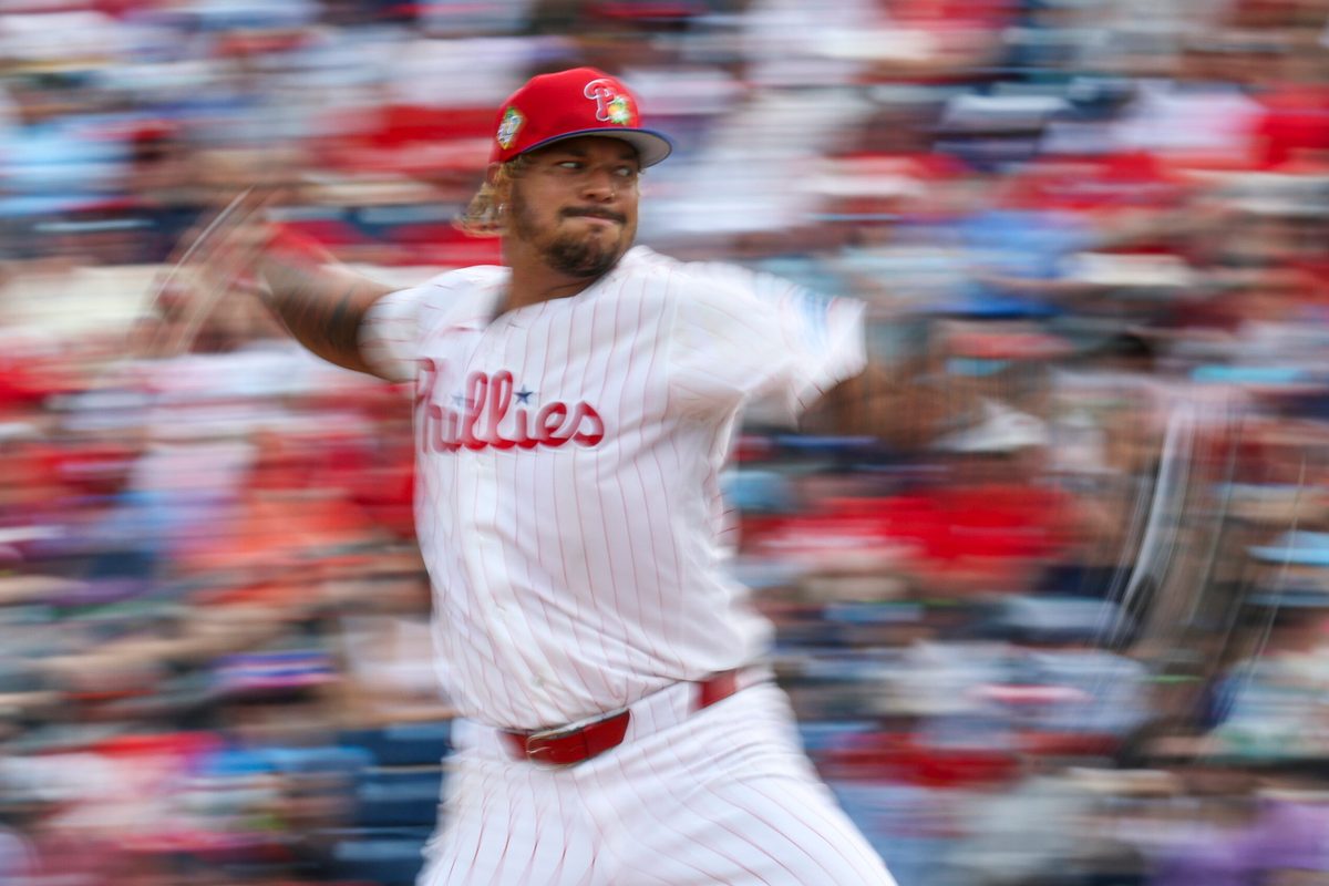 Mar 15, 2026; Clearwater, Florida, USA; Philadelphia Phillies starting pitcher Taijuan Walker (99) throws a pitch Atlanta Braves in the fourth inning during spring training at BayCare Ballpark. Mandatory Credit: Nathan Ray Seebeck-Imagn Images