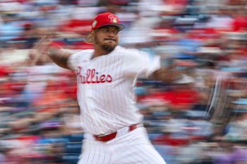 Mar 15, 2026; Clearwater, Florida, USA; Philadelphia Phillies starting pitcher Taijuan Walker (99) throws a pitch Atlanta Braves in the fourth inning during spring training at BayCare Ballpark. Mandatory Credit: Nathan Ray Seebeck-Imagn Images