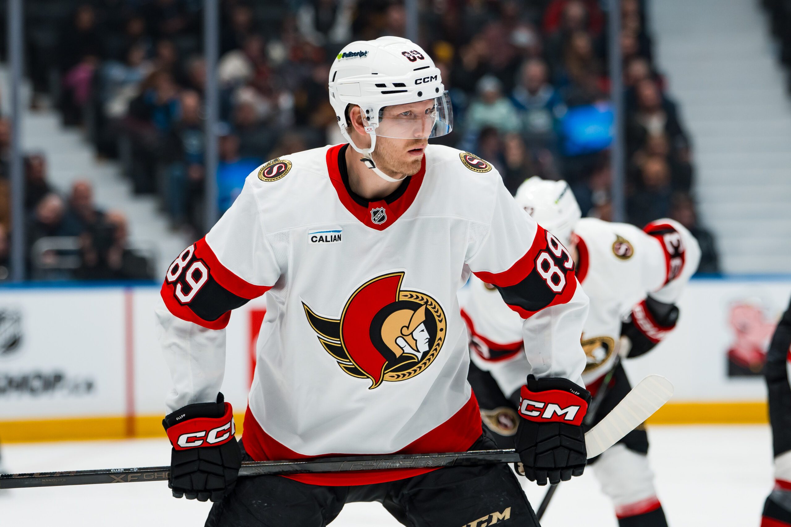 Mar 9, 2026; Vancouver, British Columbia, CAN; Ottawa Senators forward Lars Eller (89) during a stop in play against the Vancouver Canucks in the second period at Rogers Arena. Mandatory Credit: Bob Frid-Imagn Images