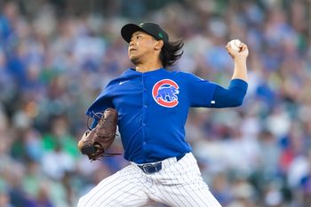Mar 17, 2026; Mesa, Arizona, USA; Chicago Cubs pitcher Shota Imanaga against the Los Angeles Angels during a spring training game at Sloan Park. Mandatory Credit: Mark J. Rebilas-Imagn Images
