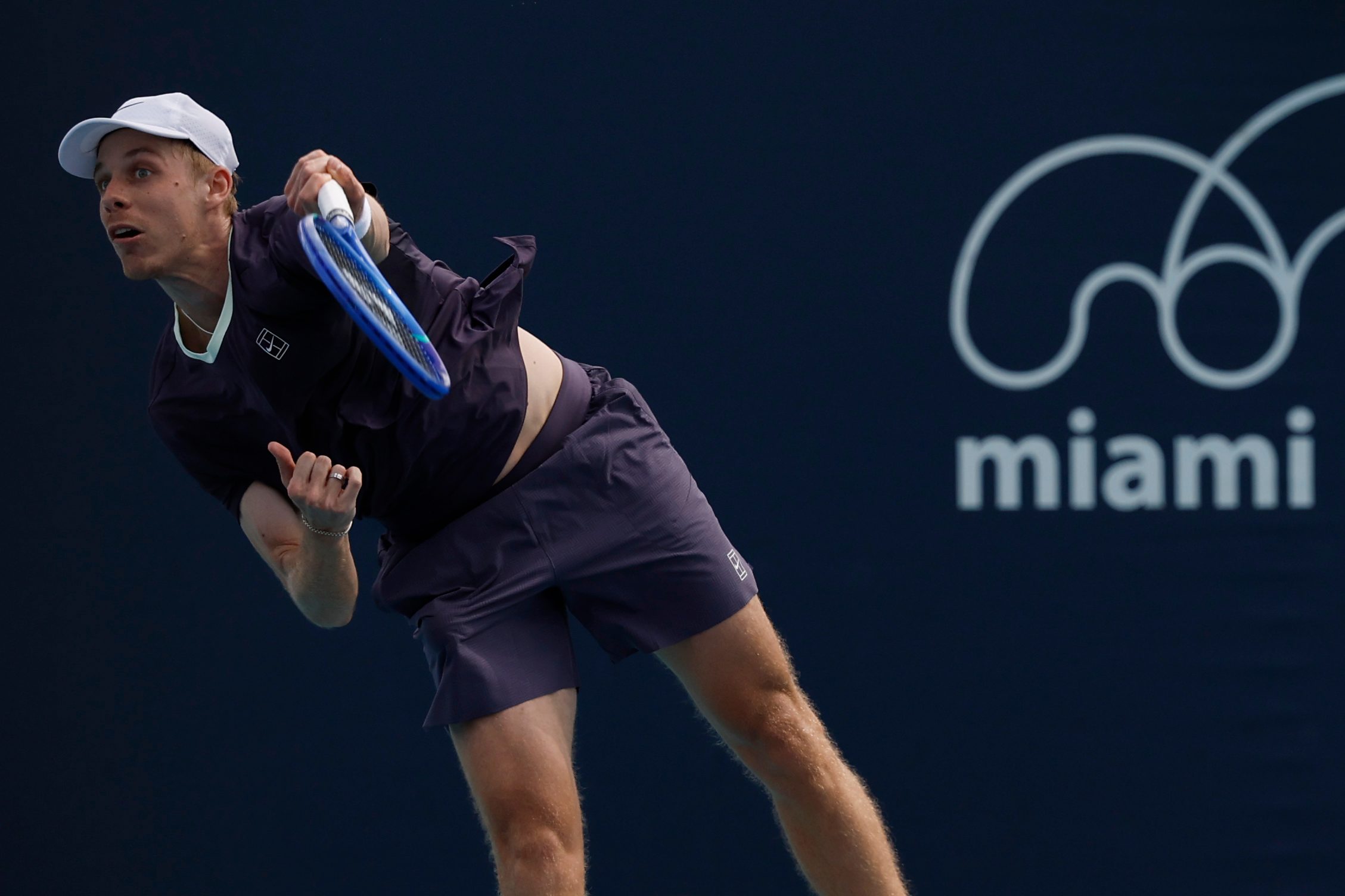 Mar 19, 2026; Miami Gardens, FL, USA; Denis Shapovalov (CAN) serves against Botic van de Zandschulp (NED) (not pictured) on day three of the 2026 Miami Open at Hard Rock Stadium. Mandatory Credit: Geoff Burke-Imagn Images