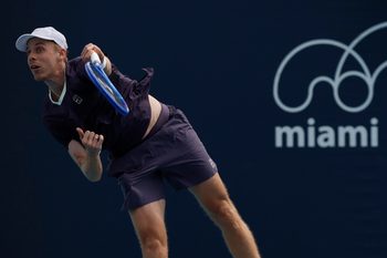 Mar 19, 2026; Miami Gardens, FL, USA; Denis Shapovalov (CAN) serves against Botic van de Zandschulp (NED) (not pictured) on day three of the 2026 Miami Open at Hard Rock Stadium. Mandatory Credit: Geoff Burke-Imagn Images