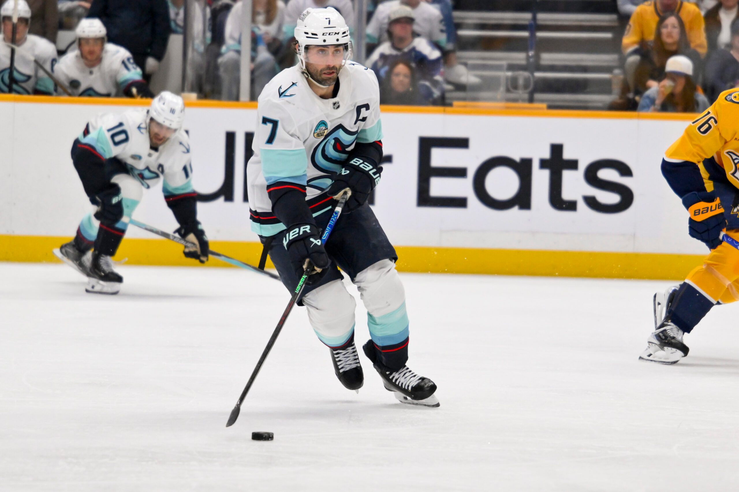 Mar 19, 2026; Nashville, Tennessee, USA;  Seattle Kraken right wing Jordan Eberle (7) skates with the puck against the Nashville Predators during the second period at Bridgestone Arena. Mandatory Credit: Steve Roberts-Imagn Images