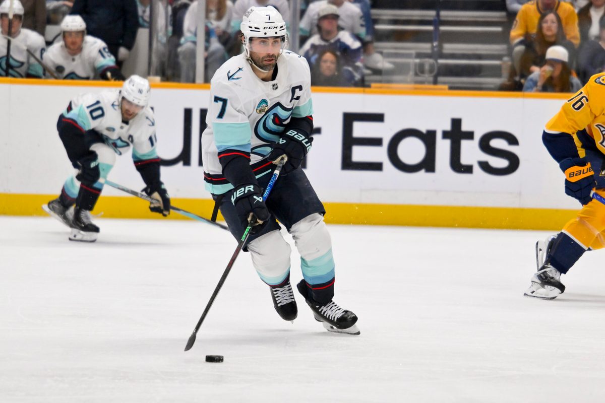Mar 19, 2026; Nashville, Tennessee, USA;  Seattle Kraken right wing Jordan Eberle (7) skates with the puck against the Nashville Predators during the second period at Bridgestone Arena. Mandatory Credit: Steve Roberts-Imagn Images