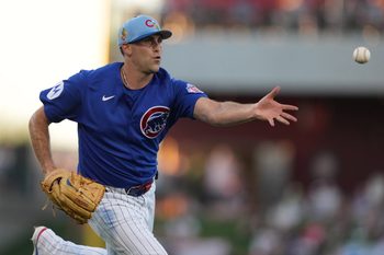 Mar 20, 2026; Mesa, Arizona, USA; Chicago Cubs pitcher Matthew Boyd (16) flips the ball for an out against the Cincinnati Reds in the second inning at Sloan Park. Mandatory Credit: Rick Scuteri-Imagn Images