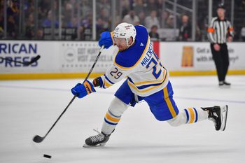 Mar 21, 2026; Los Angeles, California, USA; Buffalo Sabres left wing Beck Malenstyn (29) shoots on goal against the Los Angeles Kings during the first period at Crypto.com Arena. Mandatory Credit: Gary A. Vasquez-Imagn Images