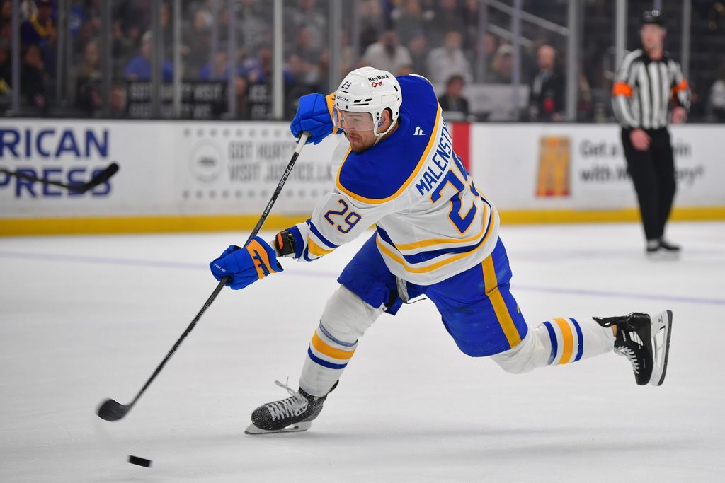 Mar 21, 2026; Los Angeles, California, USA; Buffalo Sabres left wing Beck Malenstyn (29) shoots on goal against the Los Angeles Kings during the first period at Crypto.com Arena. Mandatory Credit: Gary A. Vasquez-Imagn Images