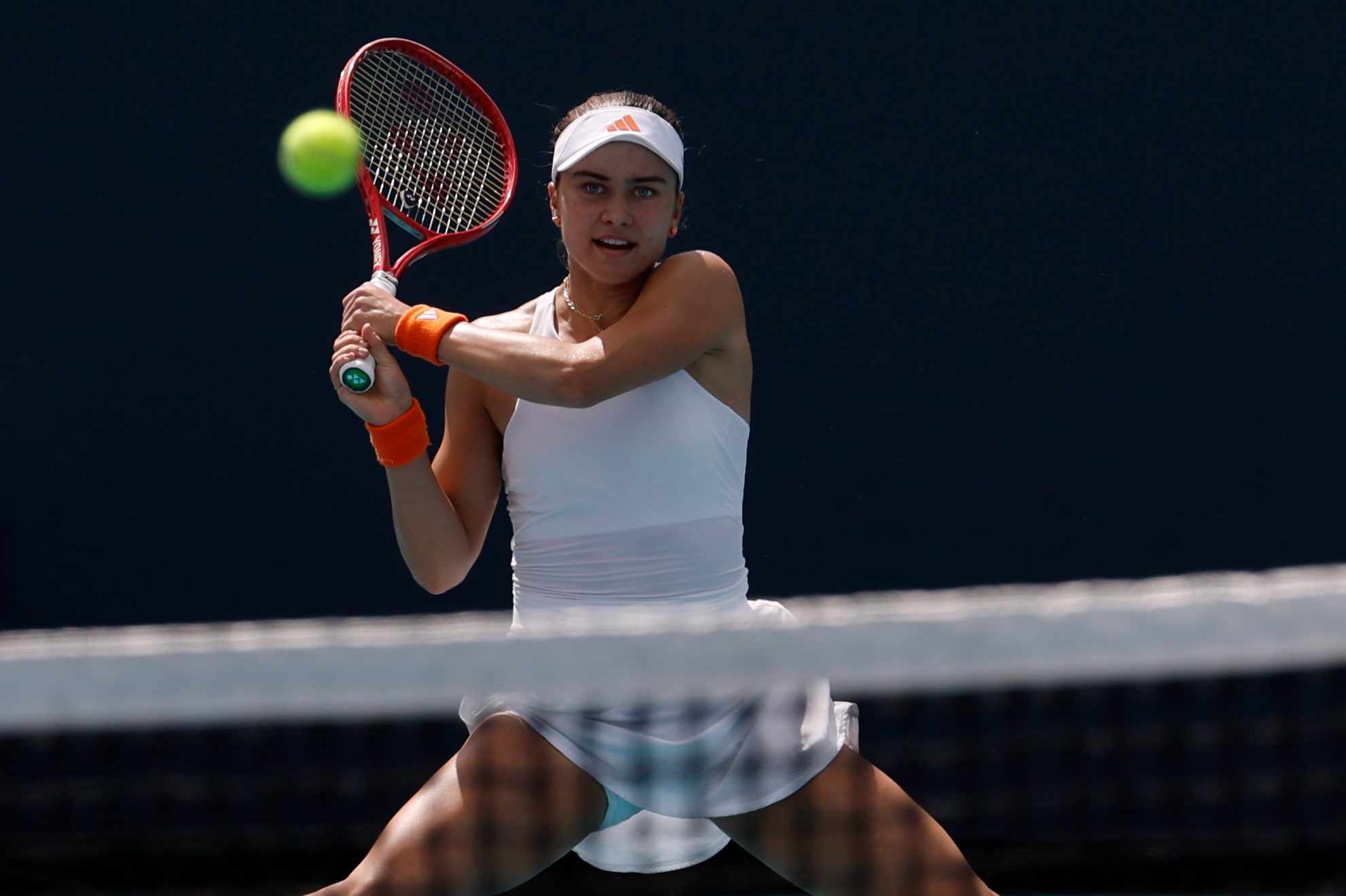 Mar 21, 2026; Miami Gardens, FL, USA; Iva Jovic (USA) hits a backhand against Paula Badosa (ESP)(not pictured) on day five of the 2026 Miami Open at Hard Rock Stadium. Mandatory Credit: Geoff Burke-Imagn Images