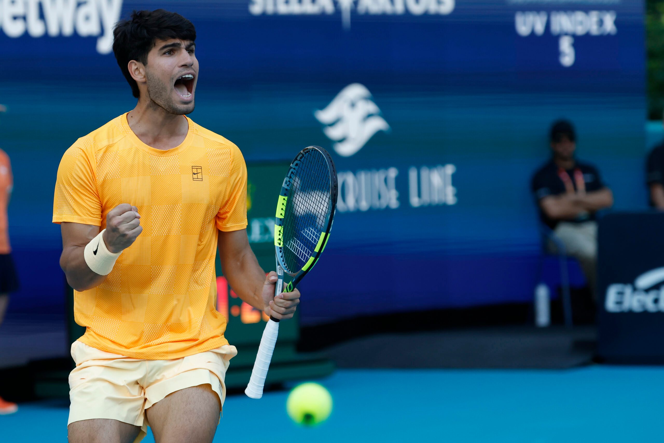 Mar 22, 2026; Miami Gardens, FL, USA; Carlos Alcaraz (ESP) reacts after winning a game against Sebastian Korda (USA) (not pictured) on day six of the 2026 Miami Open at Hard Rock Stadium. Mandatory Credit: Geoff Burke-Imagn Images