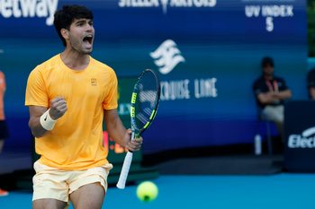 Mar 22, 2026; Miami Gardens, FL, USA; Carlos Alcaraz (ESP) reacts after winning a game against Sebastian Korda (USA) (not pictured) on day six of the 2026 Miami Open at Hard Rock Stadium. Mandatory Credit: Geoff Burke-Imagn Images