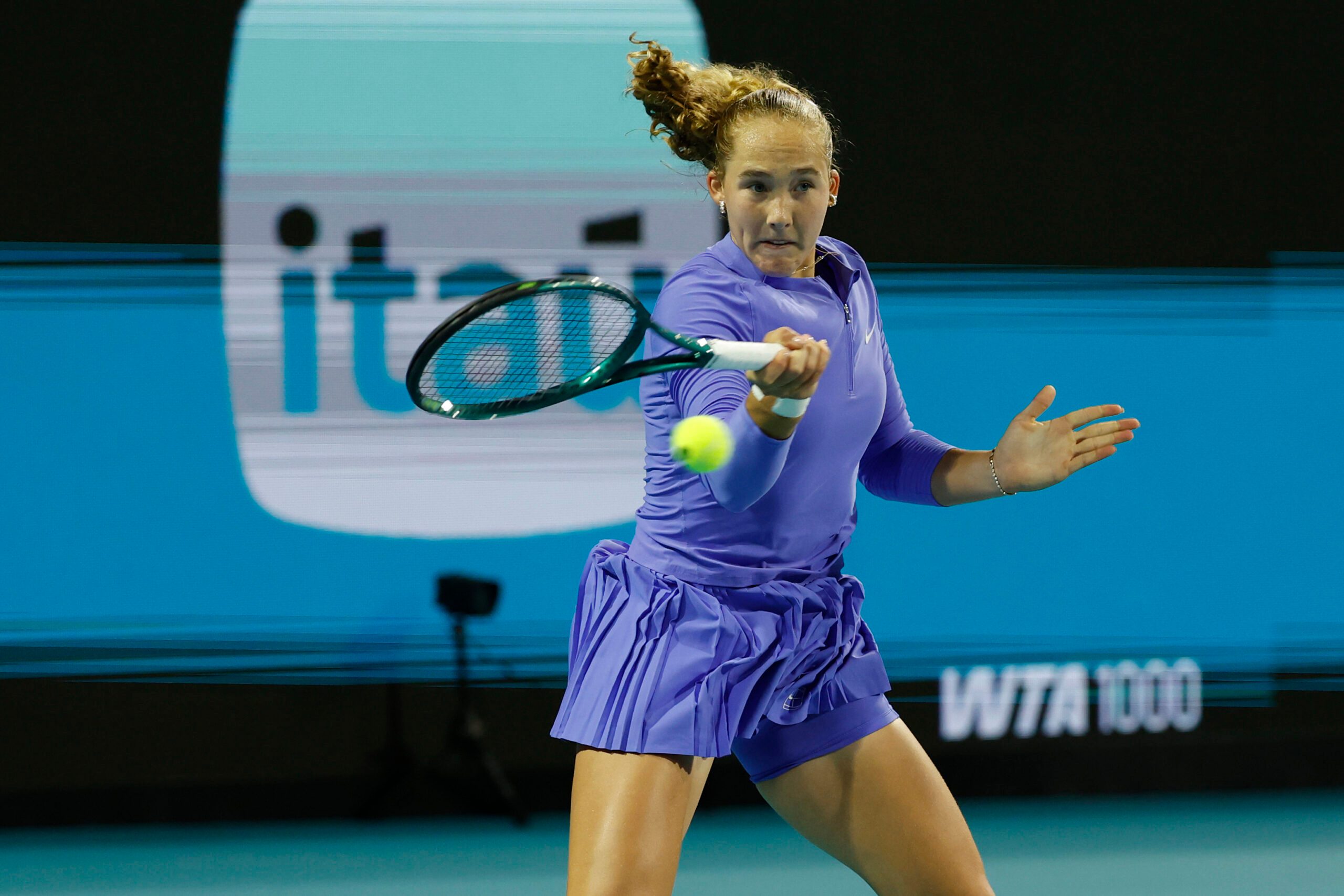 Mar 19, 2026; Miami Gardens, FL, USA; Mirra Andreeva hits a forehand against McCartney Kessler (USA) (not pictured) on day 3 of the 2026 Miami Open at Hard Rock Stadium. Mandatory Credit: Geoff Burke-Imagn Images