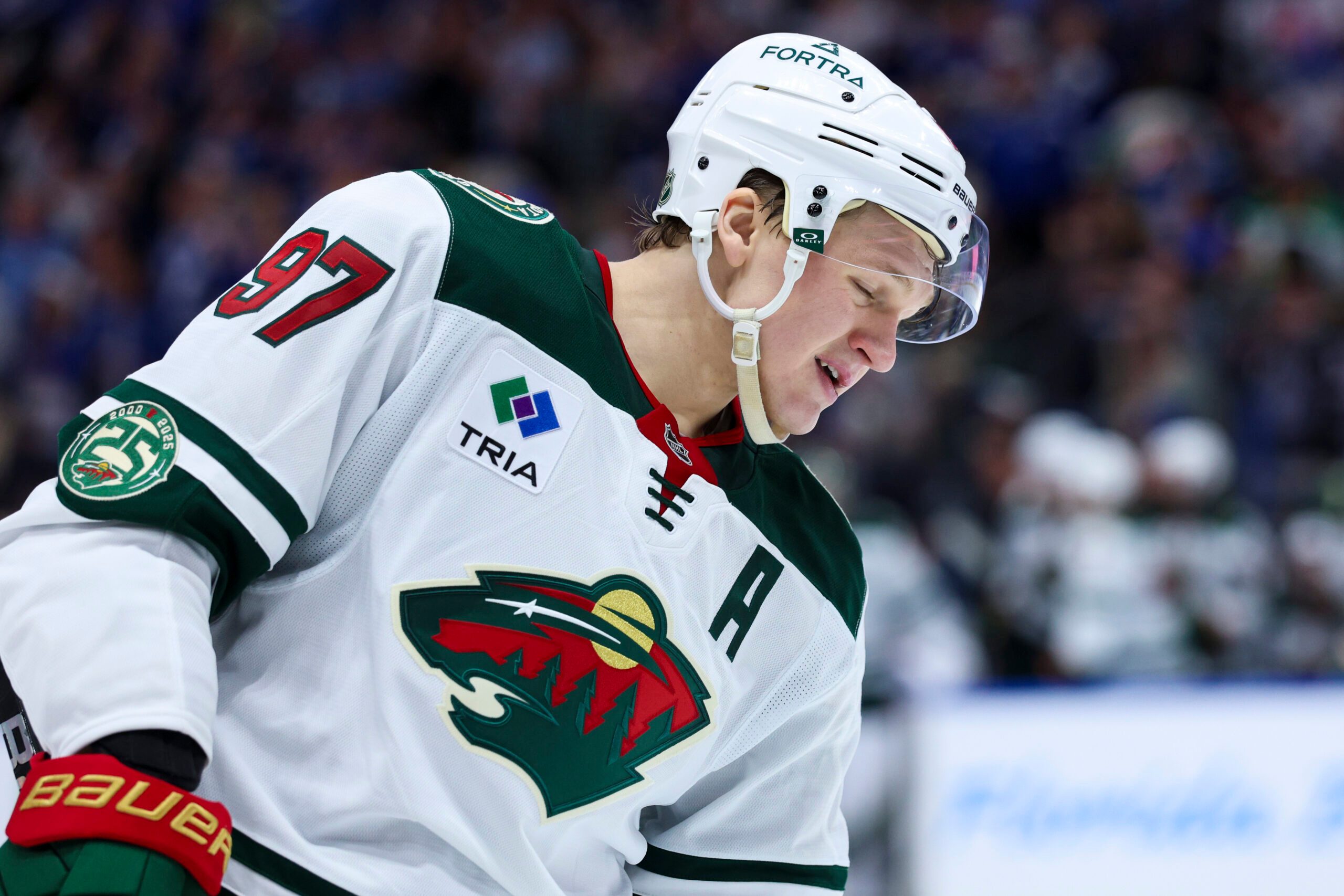 Mar 24, 2026; Tampa, Florida, USA; Minnesota Wild left wing Kirill Kaprizov (97) reacts after a goal by the Tampa Bay Lightning in the third period at Benchmark International Arena. Mandatory Credit: Nathan Ray Seebeck-Imagn Images