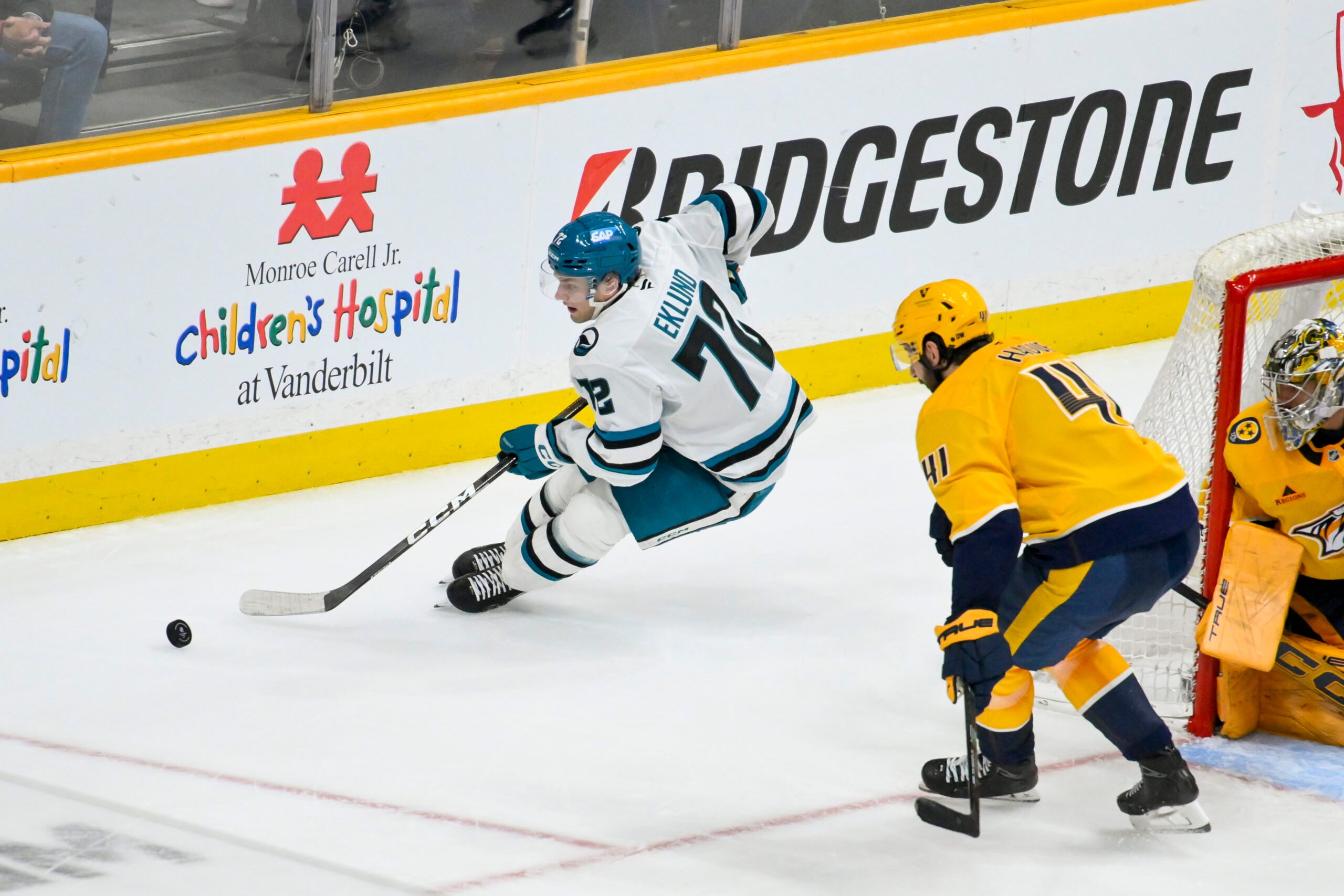 Mar 24, 2026; Nashville, Tennessee, USA;  San Jose Sharks left wing William Eklund (72) skates behind the net against the Nashville Predators during the third period at Bridgestone Arena. Mandatory Credit: Steve Roberts-Imagn Images