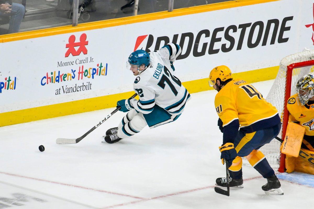 Mar 24, 2026; Nashville, Tennessee, USA;  San Jose Sharks left wing William Eklund (72) skates behind the net against the Nashville Predators during the third period at Bridgestone Arena. Mandatory Credit: Steve Roberts-Imagn Images