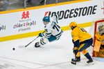 Mar 24, 2026; Nashville, Tennessee, USA;  San Jose Sharks left wing William Eklund (72) skates behind the net against the Nashville Predators during the third period at Bridgestone Arena. Mandatory Credit: Steve Roberts-Imagn Images