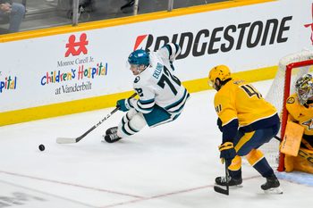 Mar 24, 2026; Nashville, Tennessee, USA;  San Jose Sharks left wing William Eklund (72) skates behind the net against the Nashville Predators during the third period at Bridgestone Arena. Mandatory Credit: Steve Roberts-Imagn Images